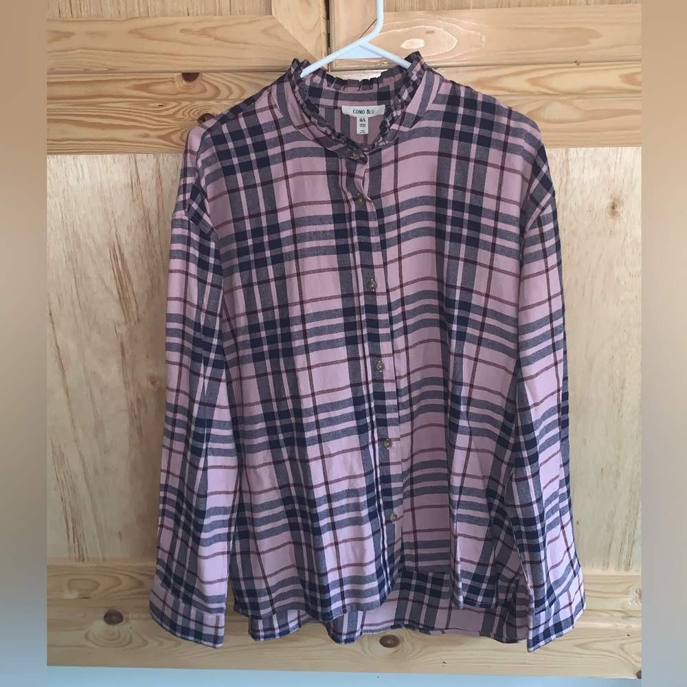 Como Blu NWT pink/blue plaid flannel button front shirt size L